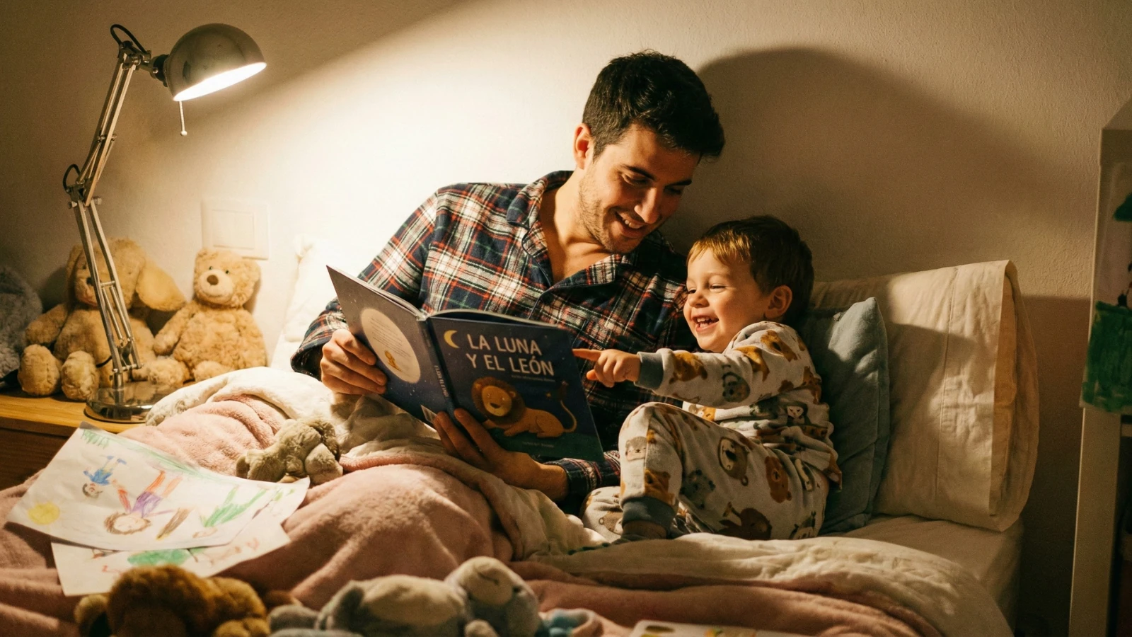 Padre e hijo leyendo un cuento antes de dormir