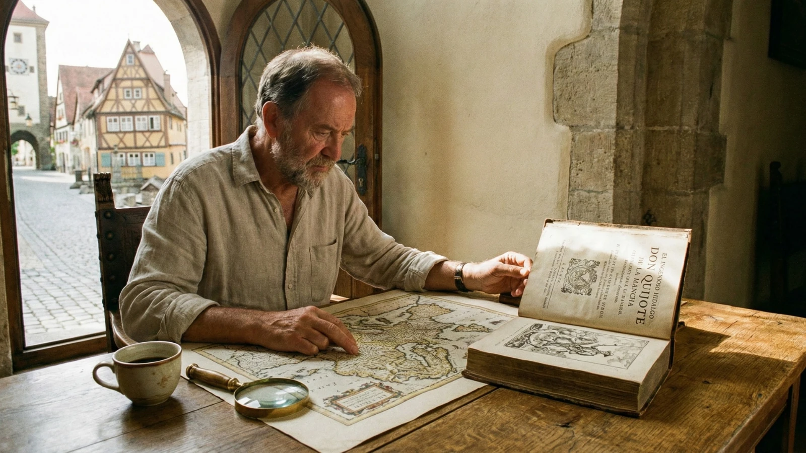 Padre leyendo novela histórica con ambientación romana