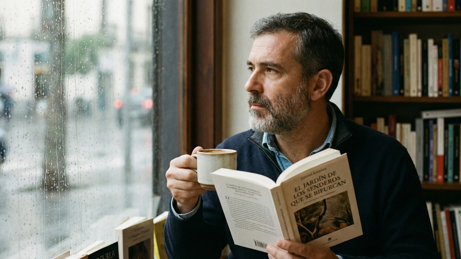 Padre leyendo junto a una ventana con café