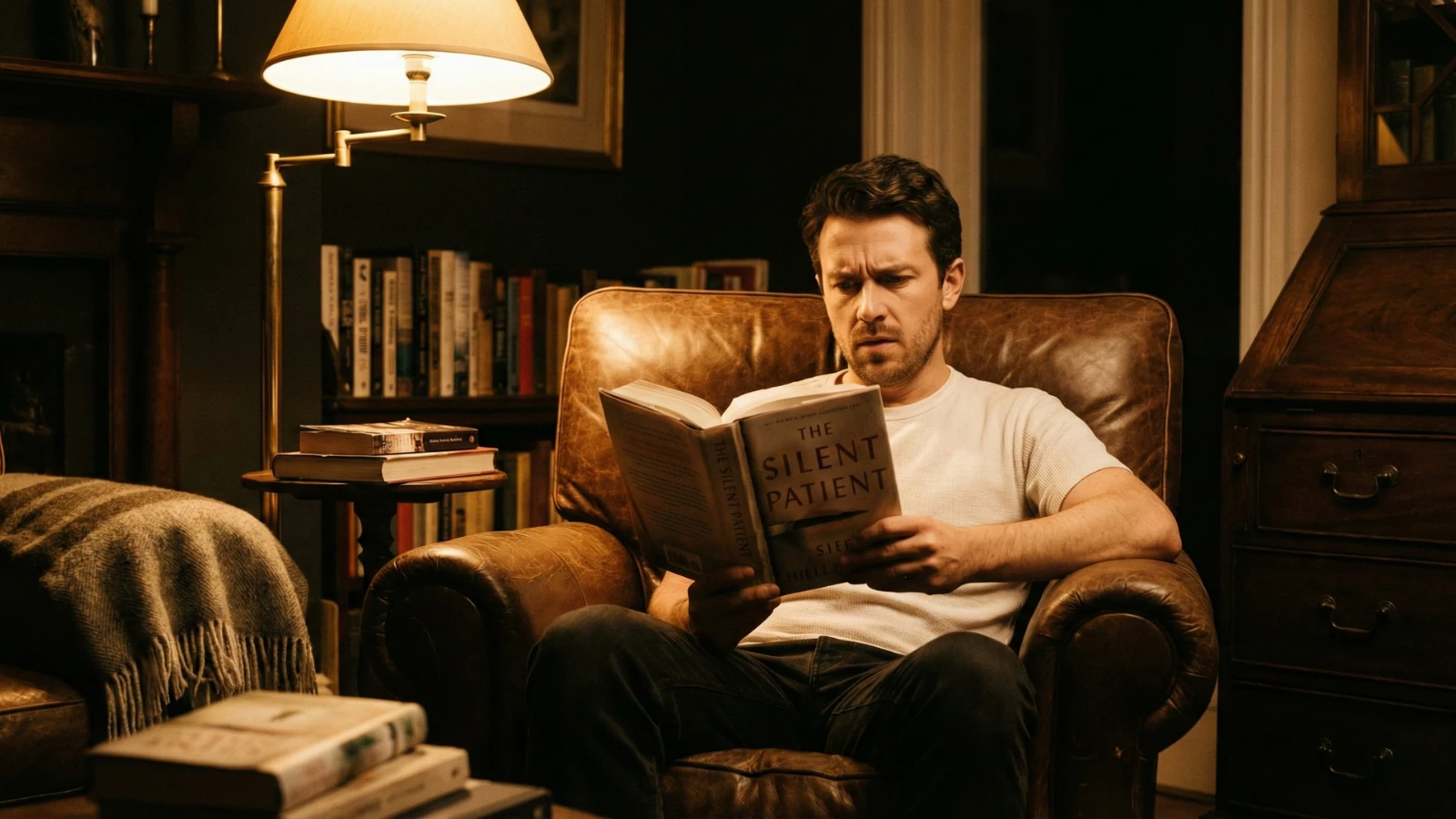 Padre leyendo thriller por la noche