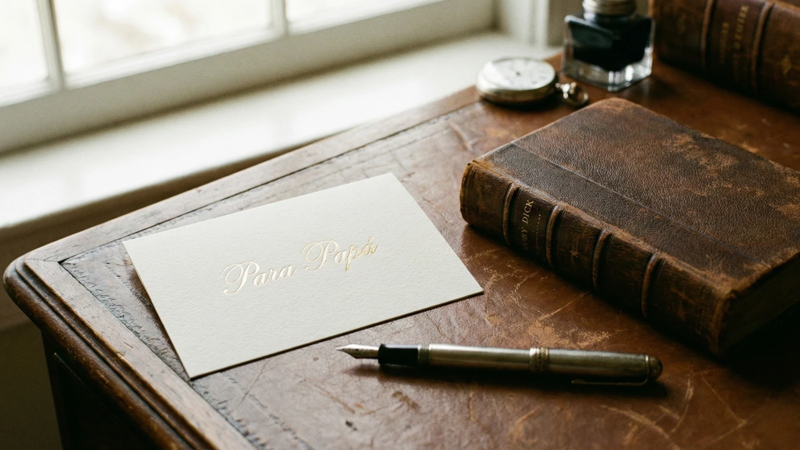 Tarjeta regalo junto a libro y pluma estilográfica